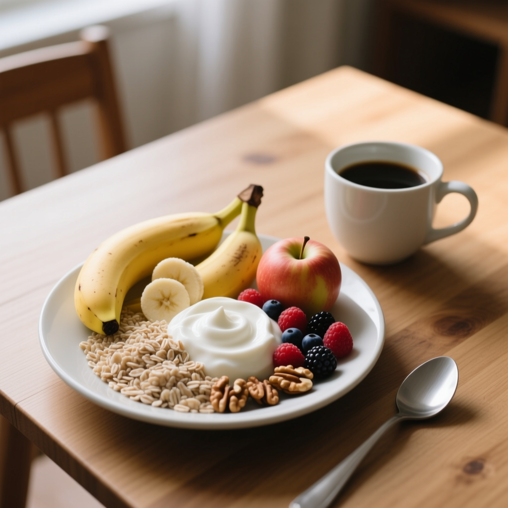 a bowl of gluten-free oatmeal, yogurt, and sliced ​​fruit—a banana, apple, berries, and nuts na weganpolska.pl