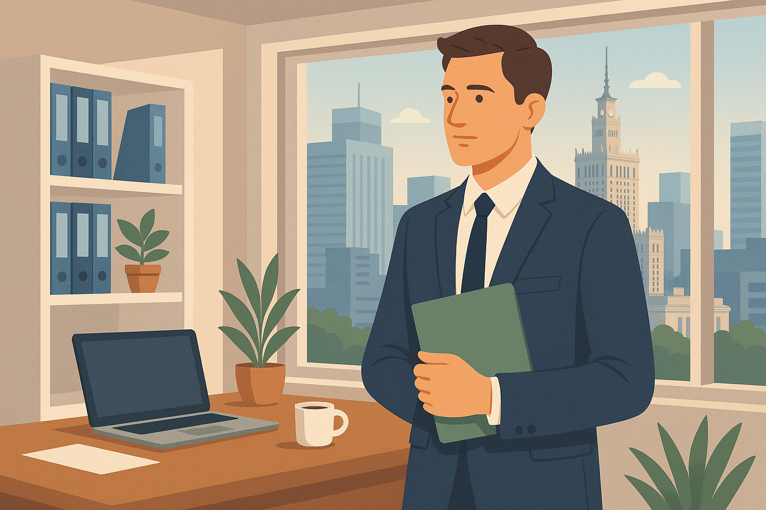 Предприниматель в офисе с видом на Варшаву, подготовка к открытию бизнеса в Польше