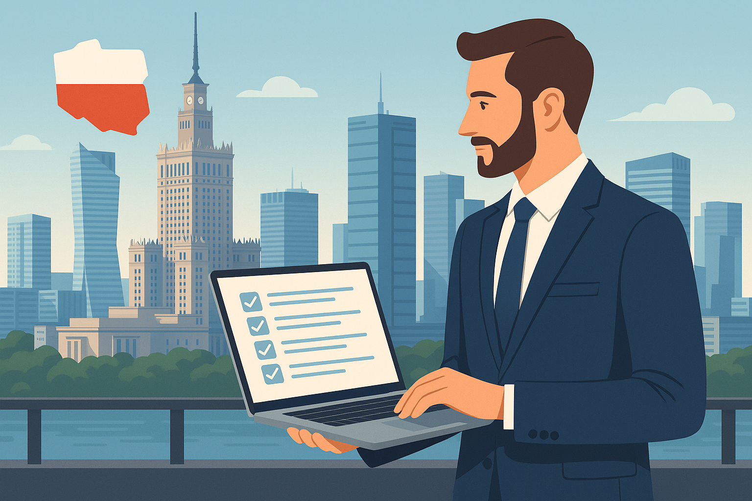 Предприниматель с ноутбуком и чек-листом на фоне Варшавы — как открыть бизнес в Польше