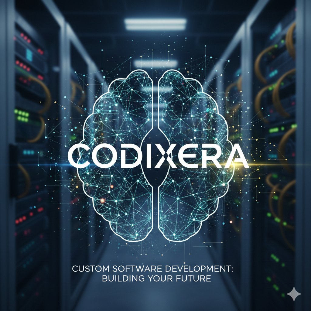 Codixera logo with a digital brain graphic over a server room, representing custom software development and technology.