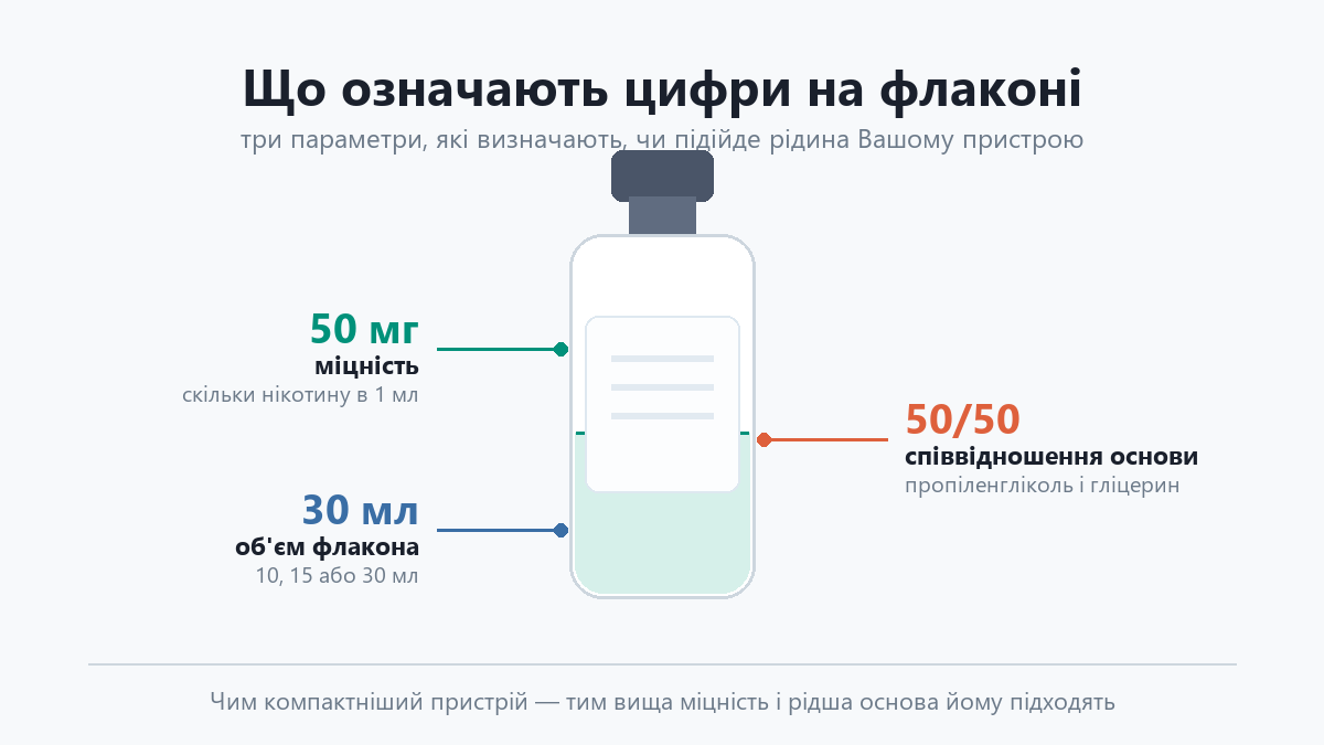 Що означають цифри на флаконі рідини: міцність 50 мг, співвідношення основи 50/50 та об'єм 30 мл